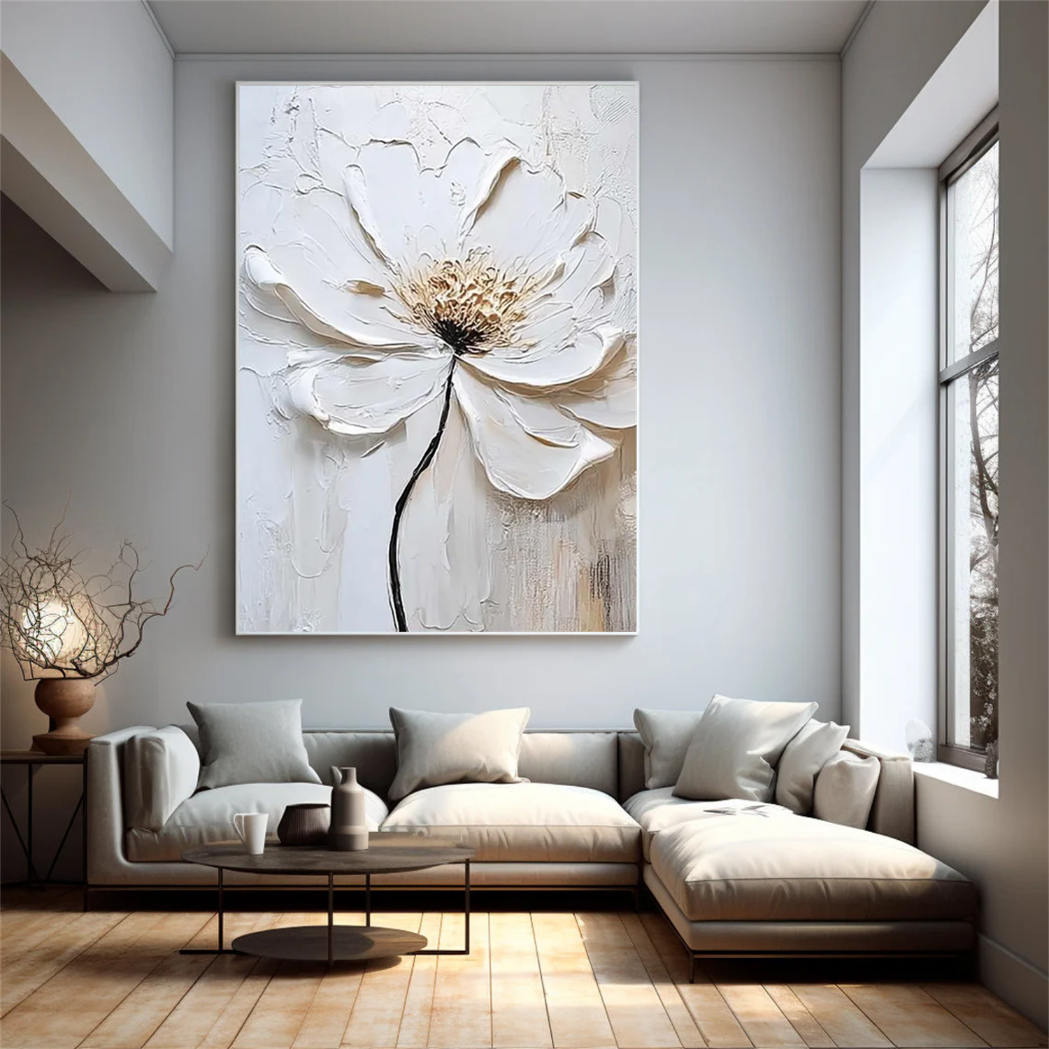 White Tree And Flower Abstract Textured Wall Art #TF123
