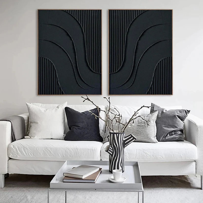 Black Textured Minimalist Wall Art Set of 2 #BT009