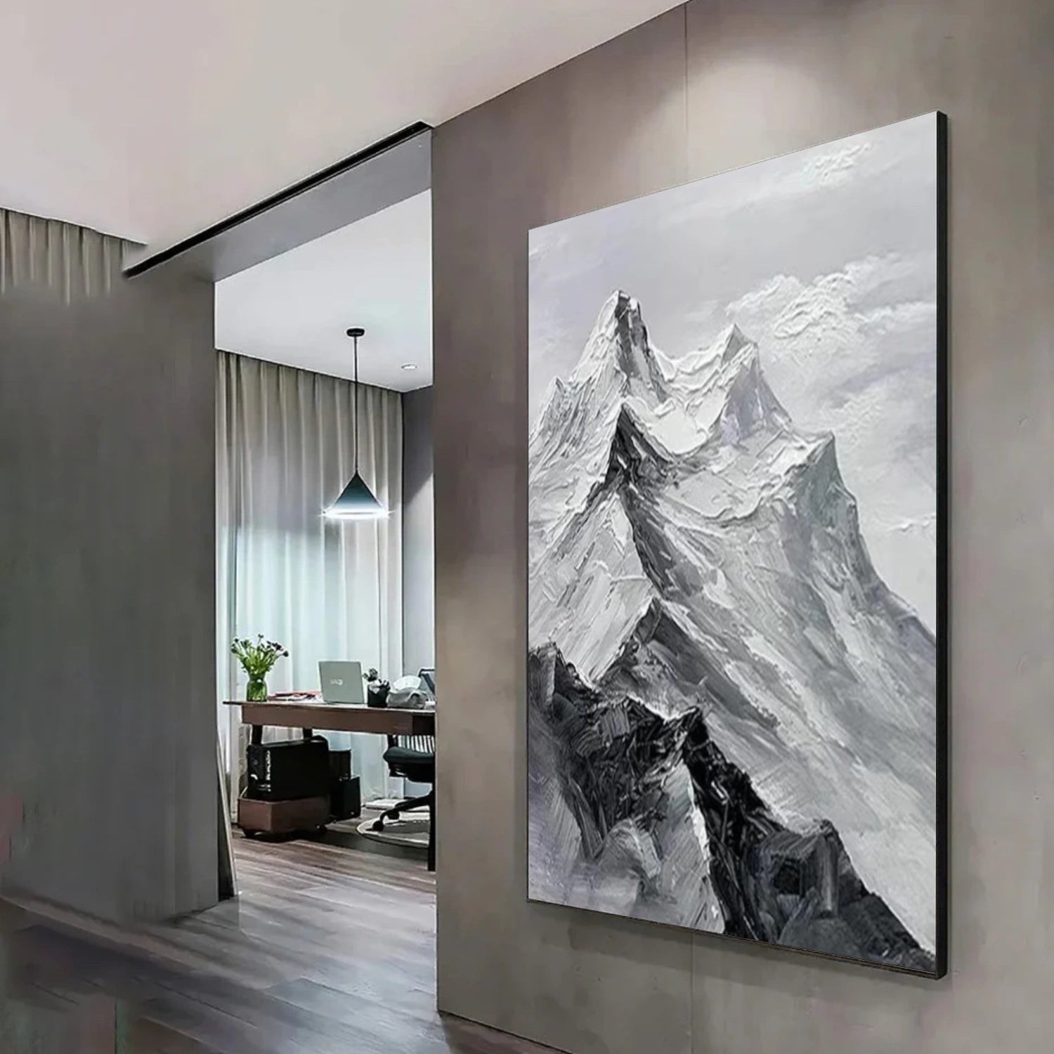 Black and White Minimalist Mountain Textured Canvas Art #WT203