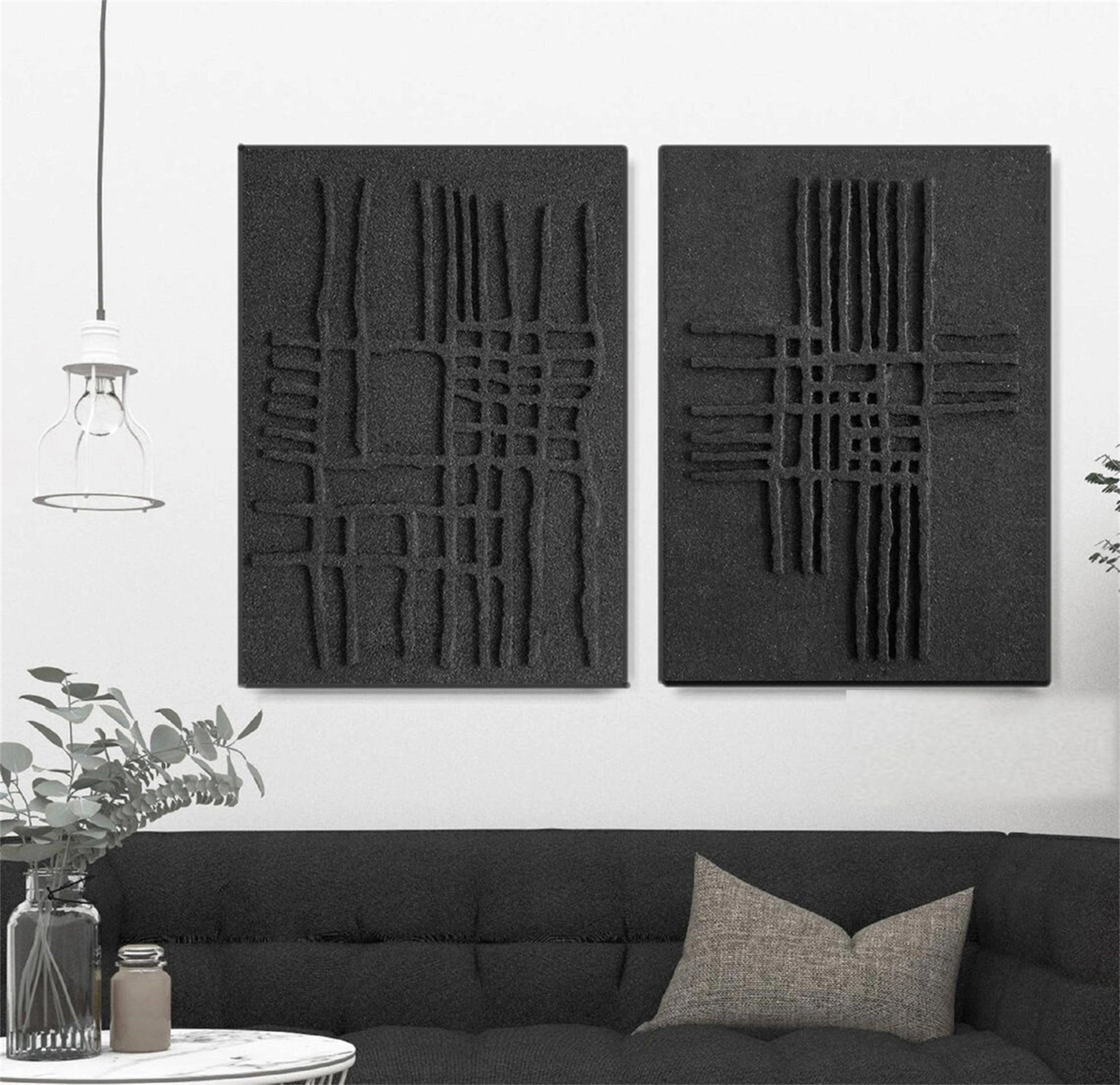 Black Textured Minimalist Wall Art Set of 2 #BT051