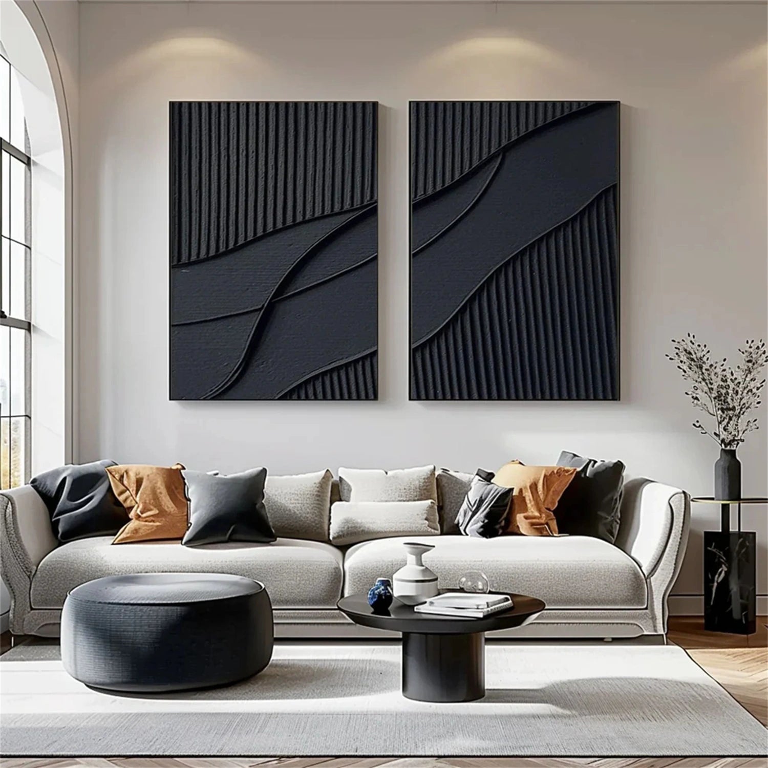Black Textured Minimalist Wall Art Set of 2 #BT005