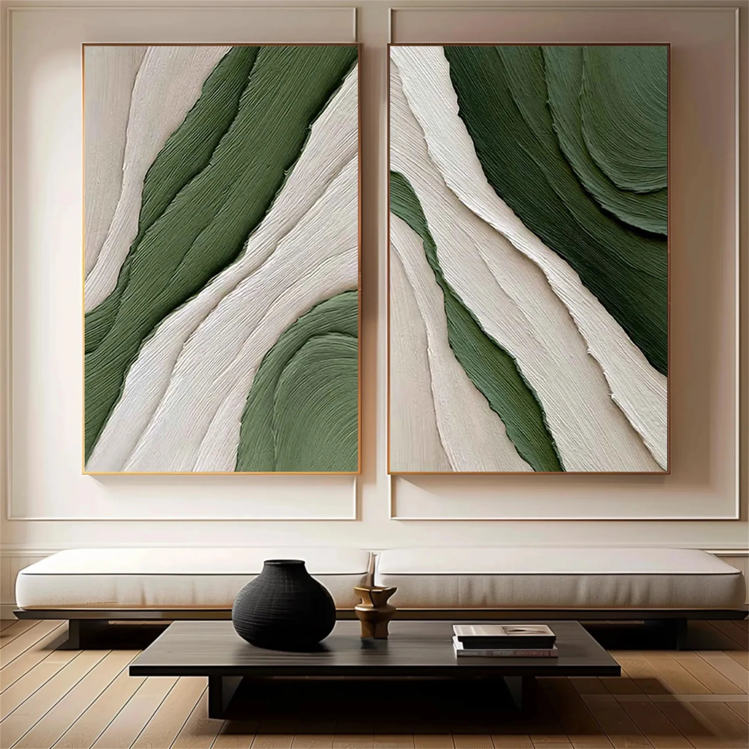 Green Textured Minimalist Wall Art Set of 2 #GT036