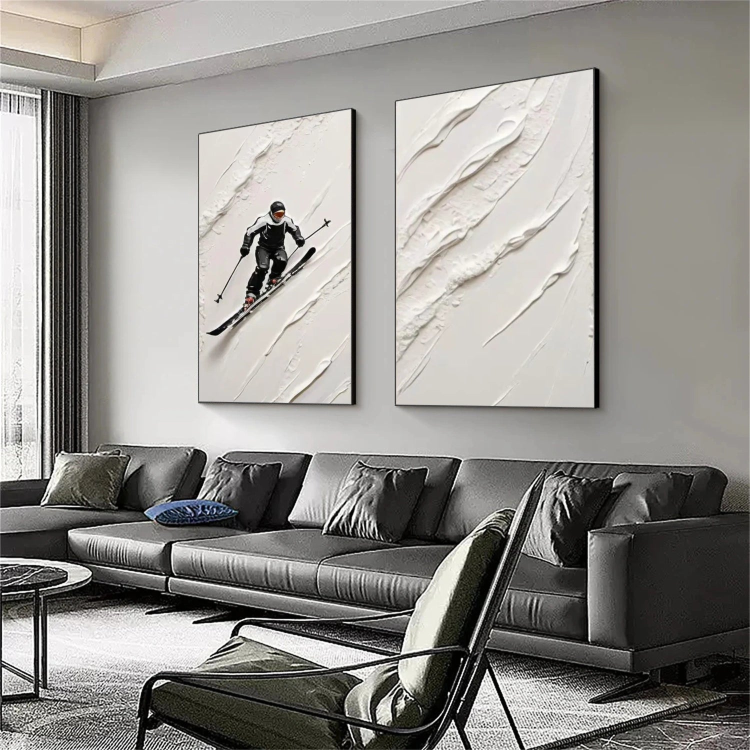 Black and White Skiing Sport Textured Wall Art Set of 2 #BA018
