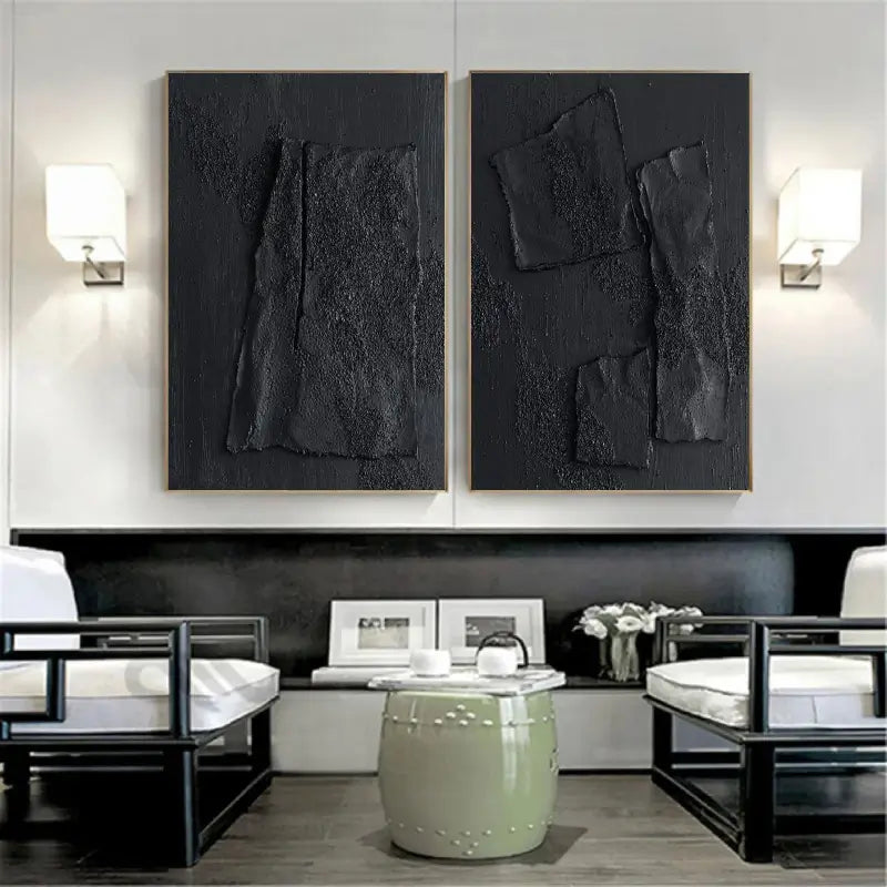 Black Textured Minimalist Wall Art Set of 2 #BT012