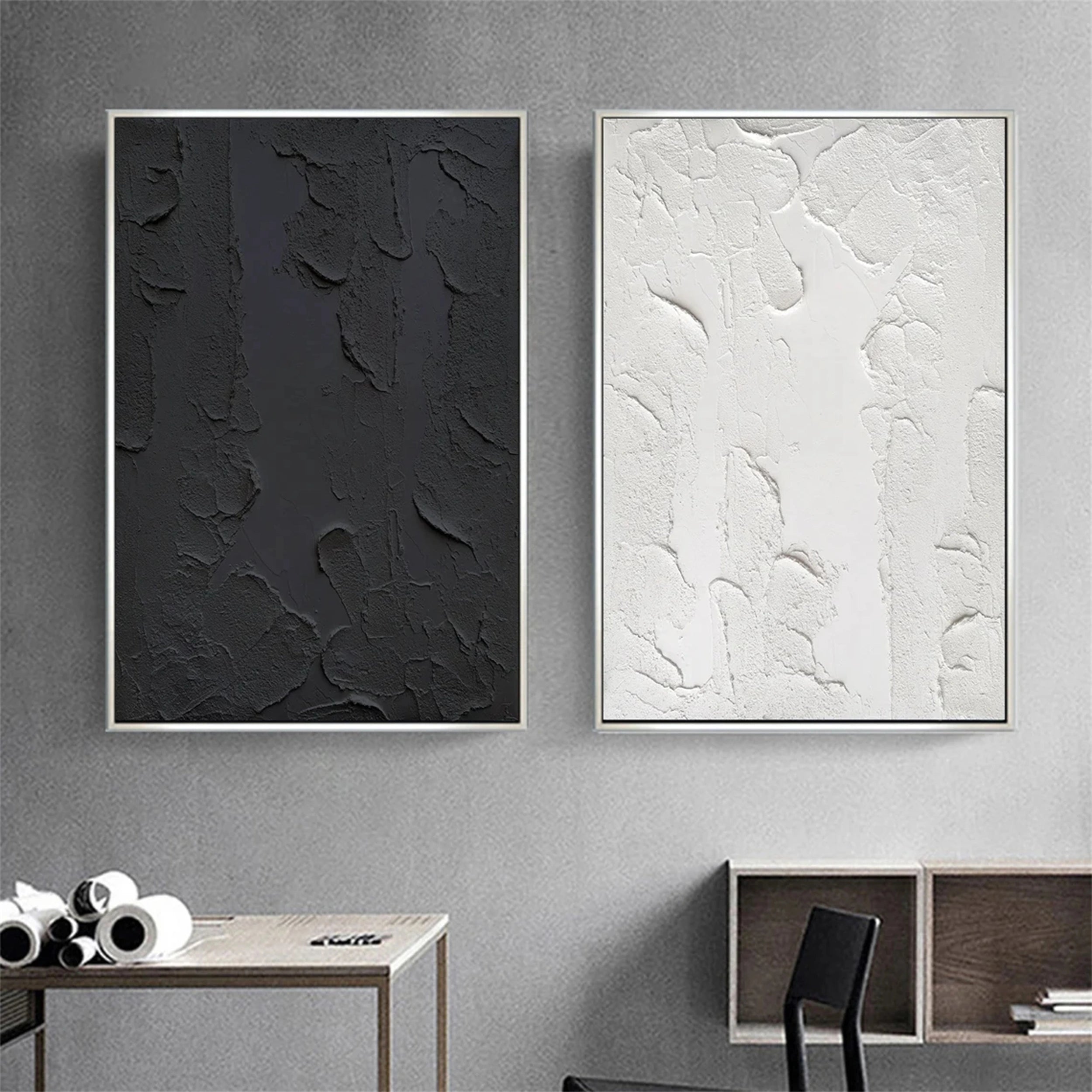 Black Textured Minimalist Wall Art Set of 2 #BT050
