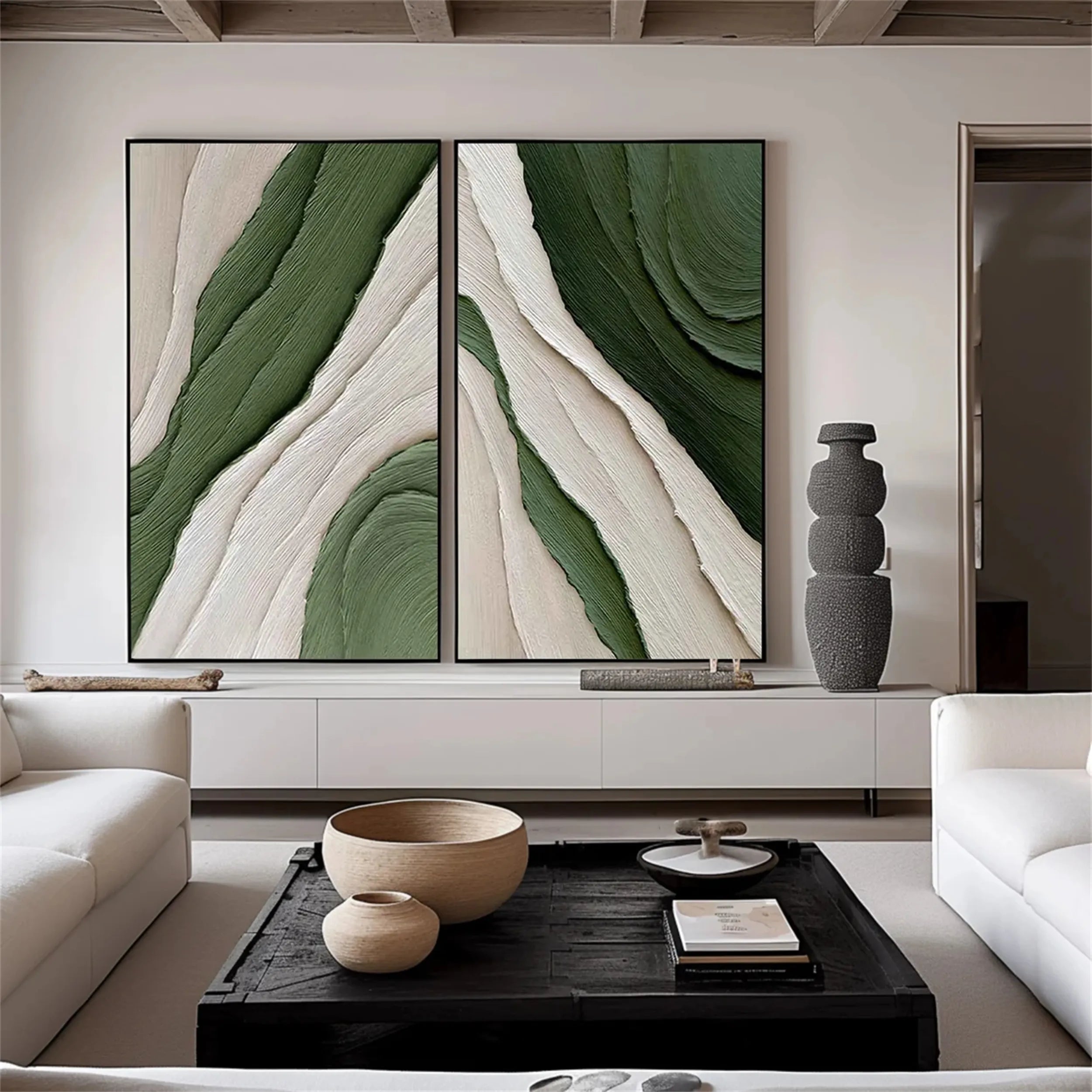 Green Textured Minimalist Wall Art Set of 2 #GT036