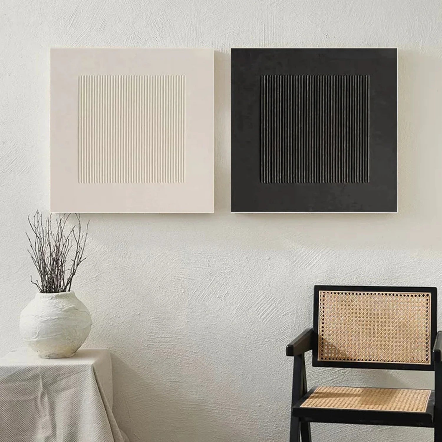 Black and White Minimalist Textured Canvas Art Set of 2 #BT073