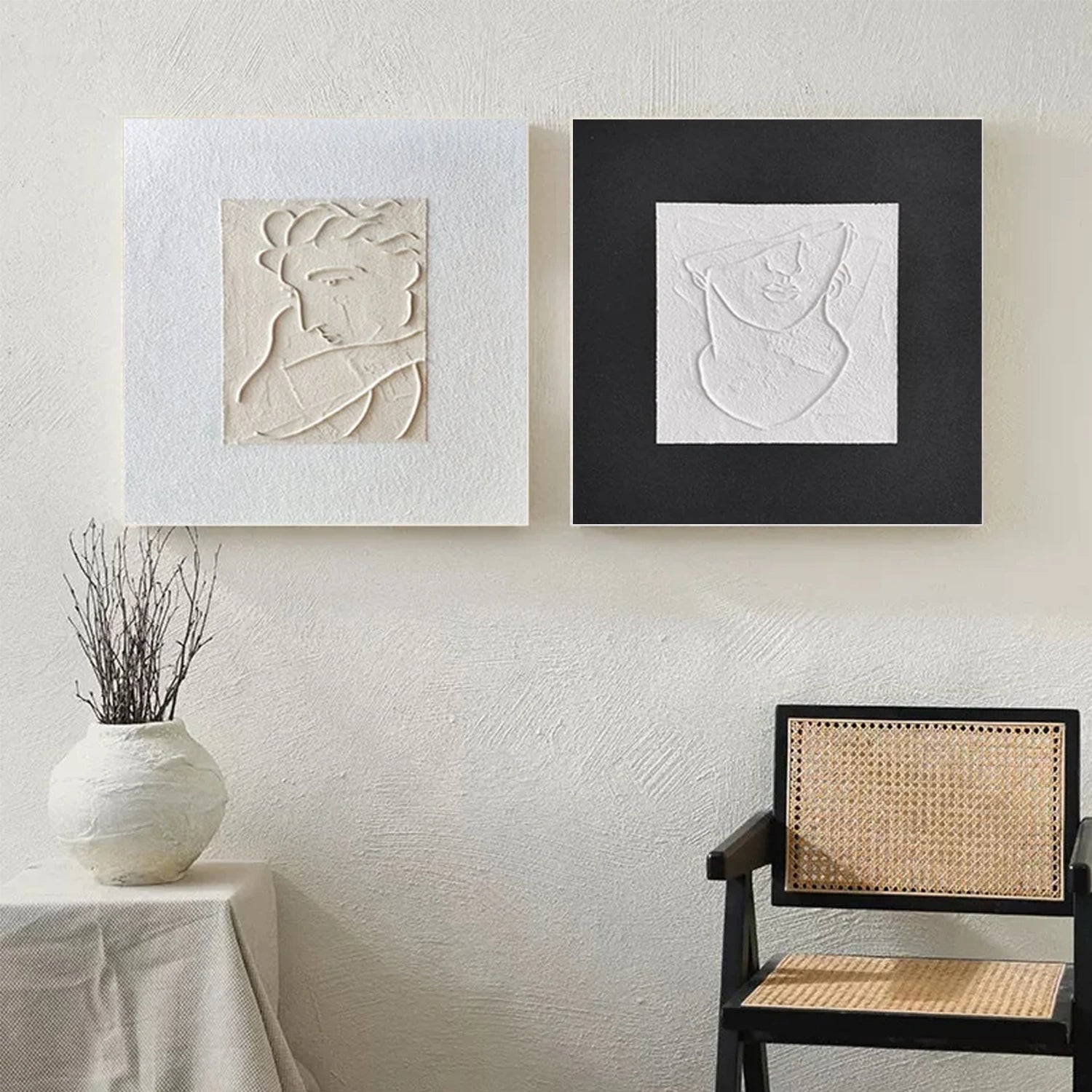 Black and White Minimalist Textured Canvas Art Set of 2 #BT074