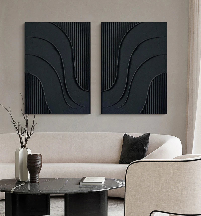 Black Textured Minimalist Wall Art Set of 2 #BT009