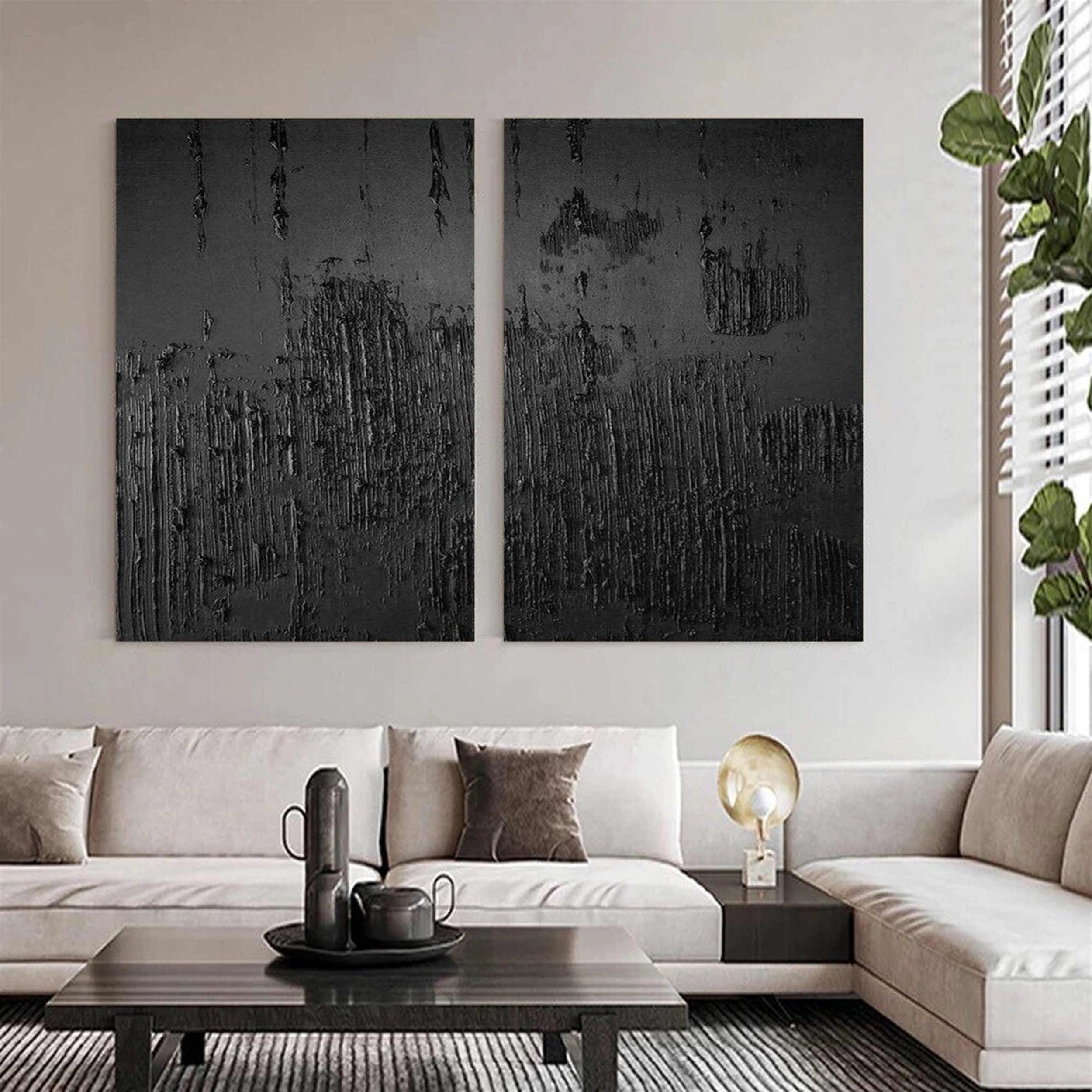 Black Textured Minimalist Wall Art Set of 2 #BT047