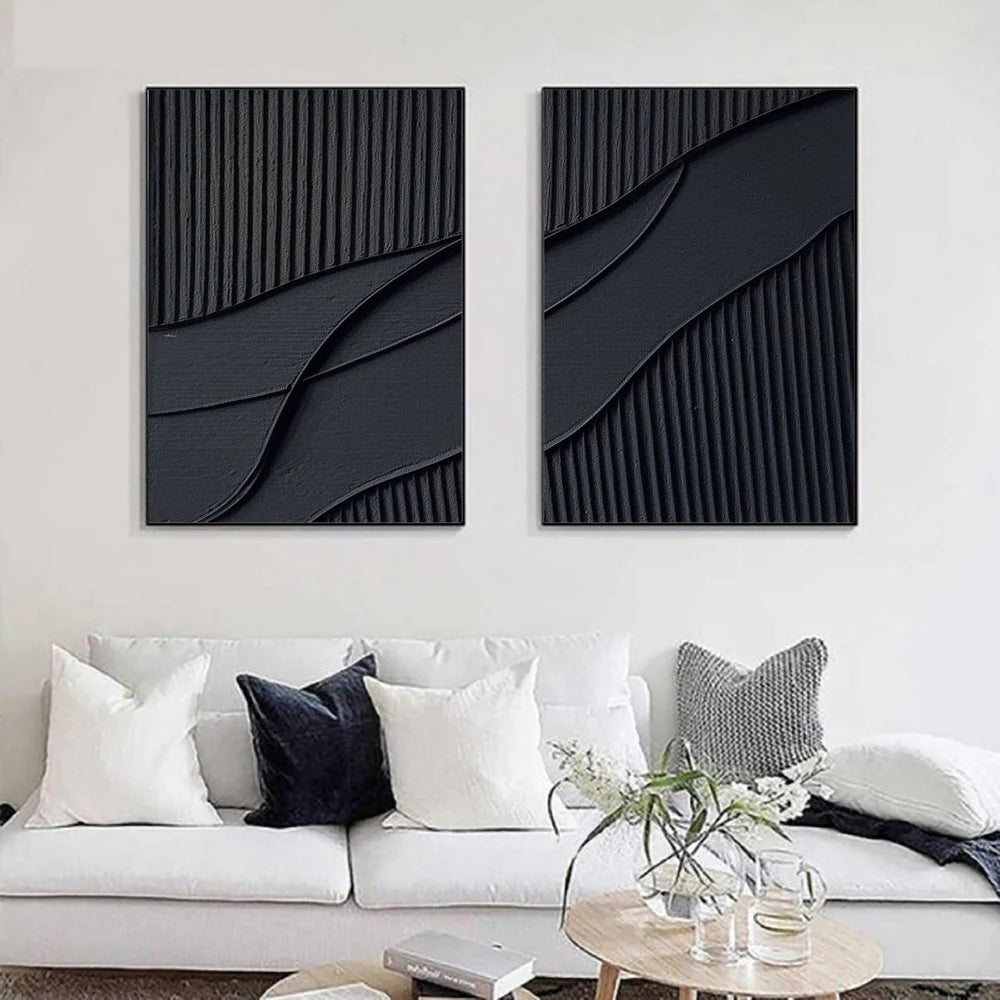 Black Textured Minimalist Wall Art Set of 2 #BT005