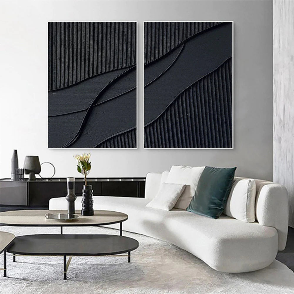 Black Textured Minimalist Wall Art Set of 2 #BT005