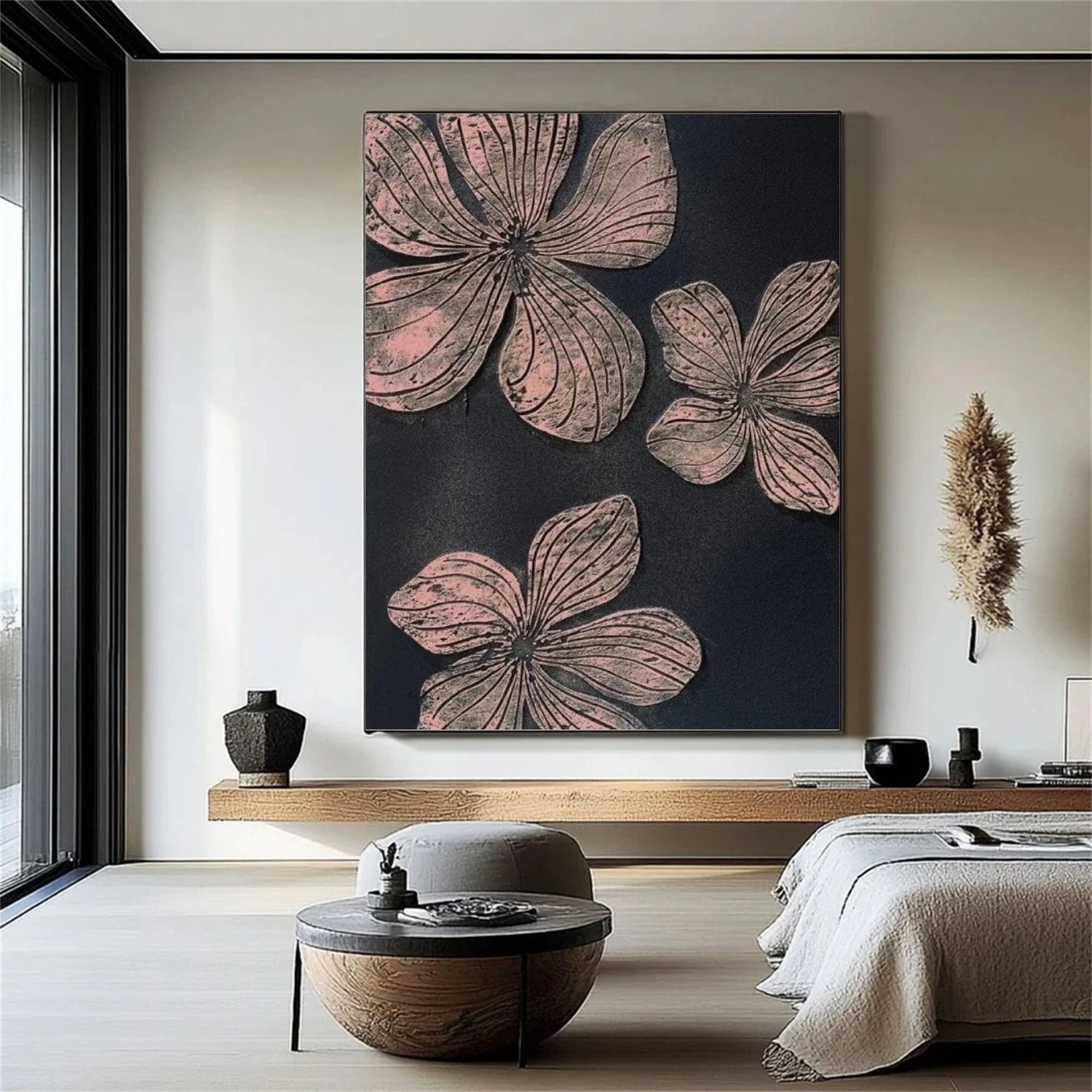 Black and Pink Tree And Flower Abstract Textured  Wall Art #TF130