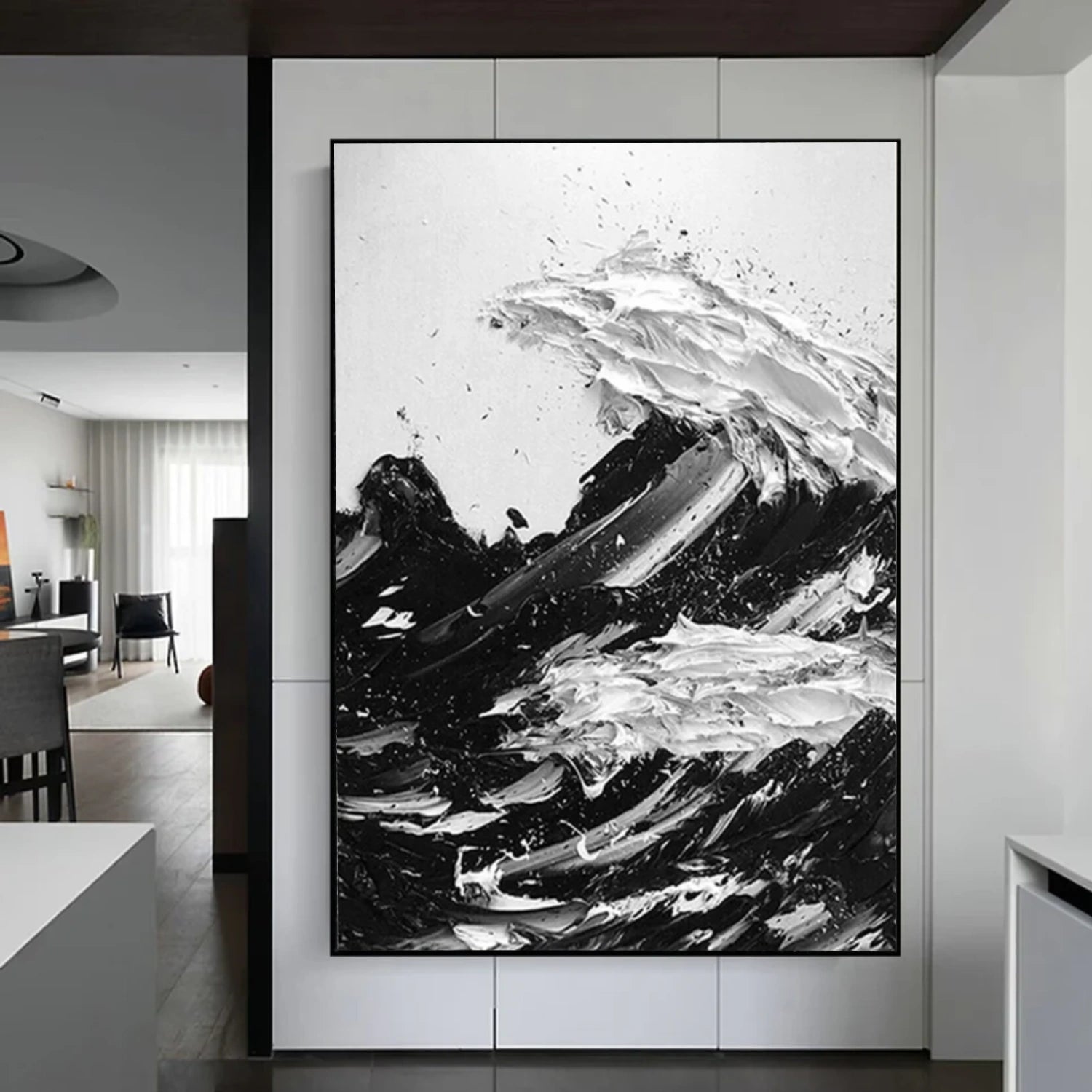 Black and White Sky And Ocean Abstract Textured Wall Art #SO301