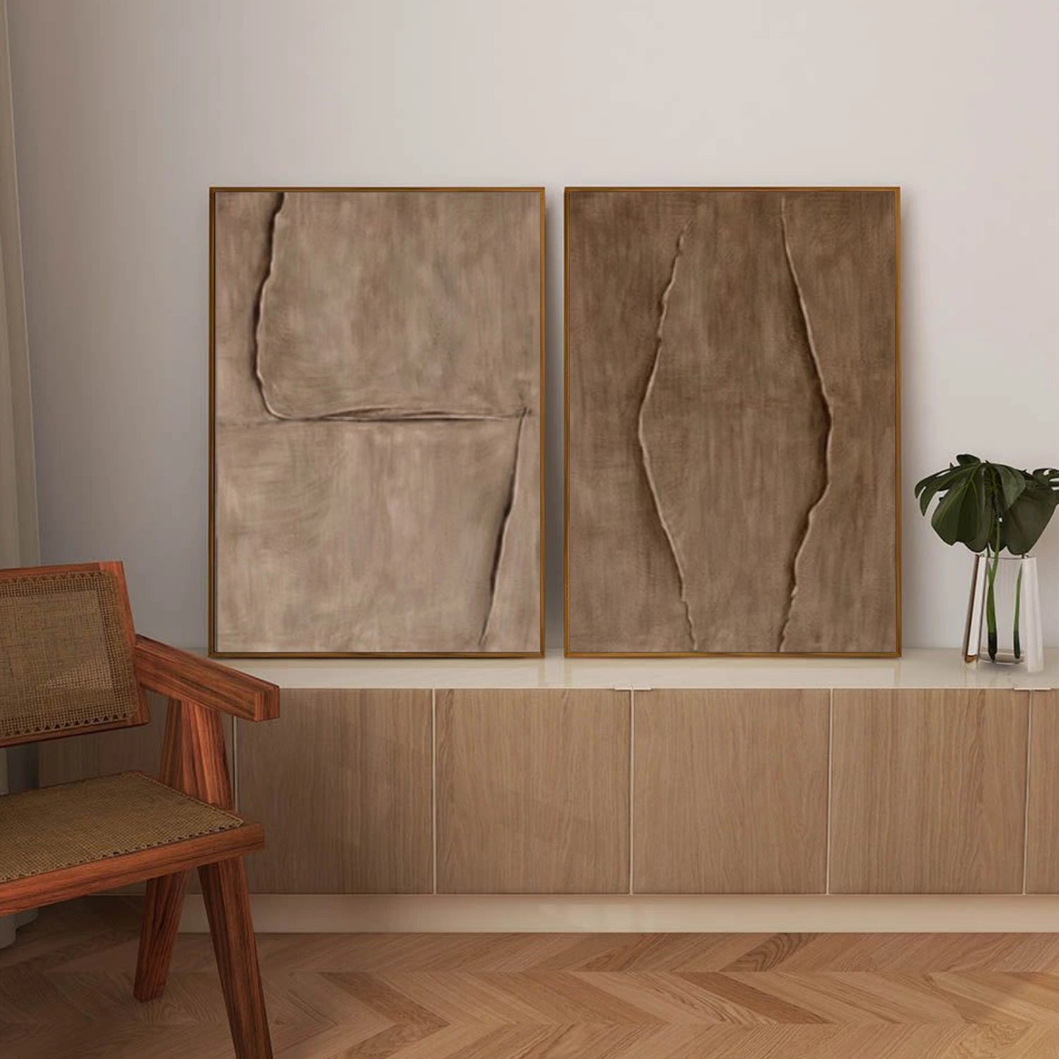 Beige & Brown Textured Minimalist Wall Art Set of 2 #BM038