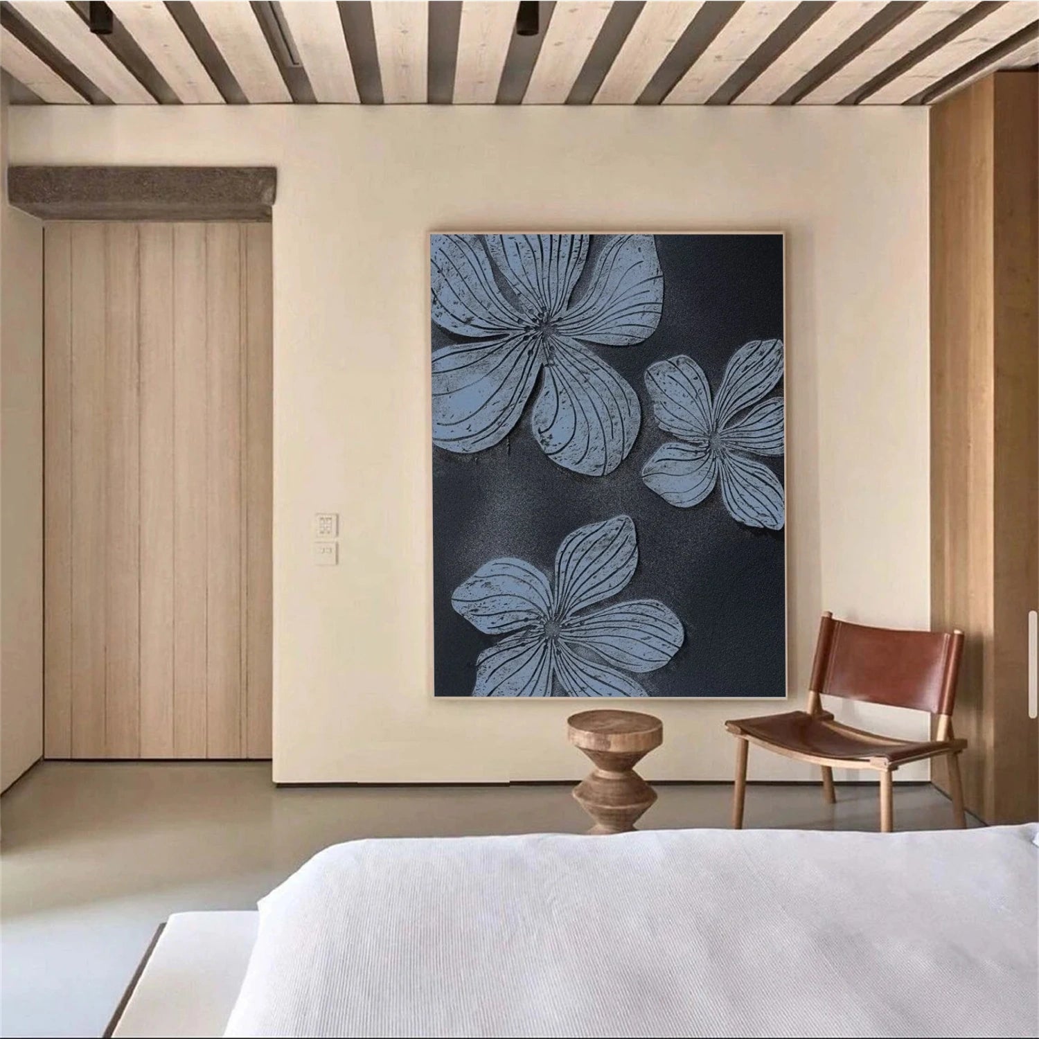 Black and Blue Tree And Flower Abstract Textured  Wall Art #TF129