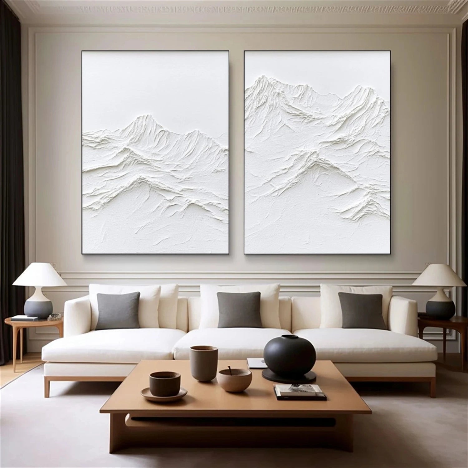 White Minimalist Mountain Textured  Canvas Art Set of 2 #WT236