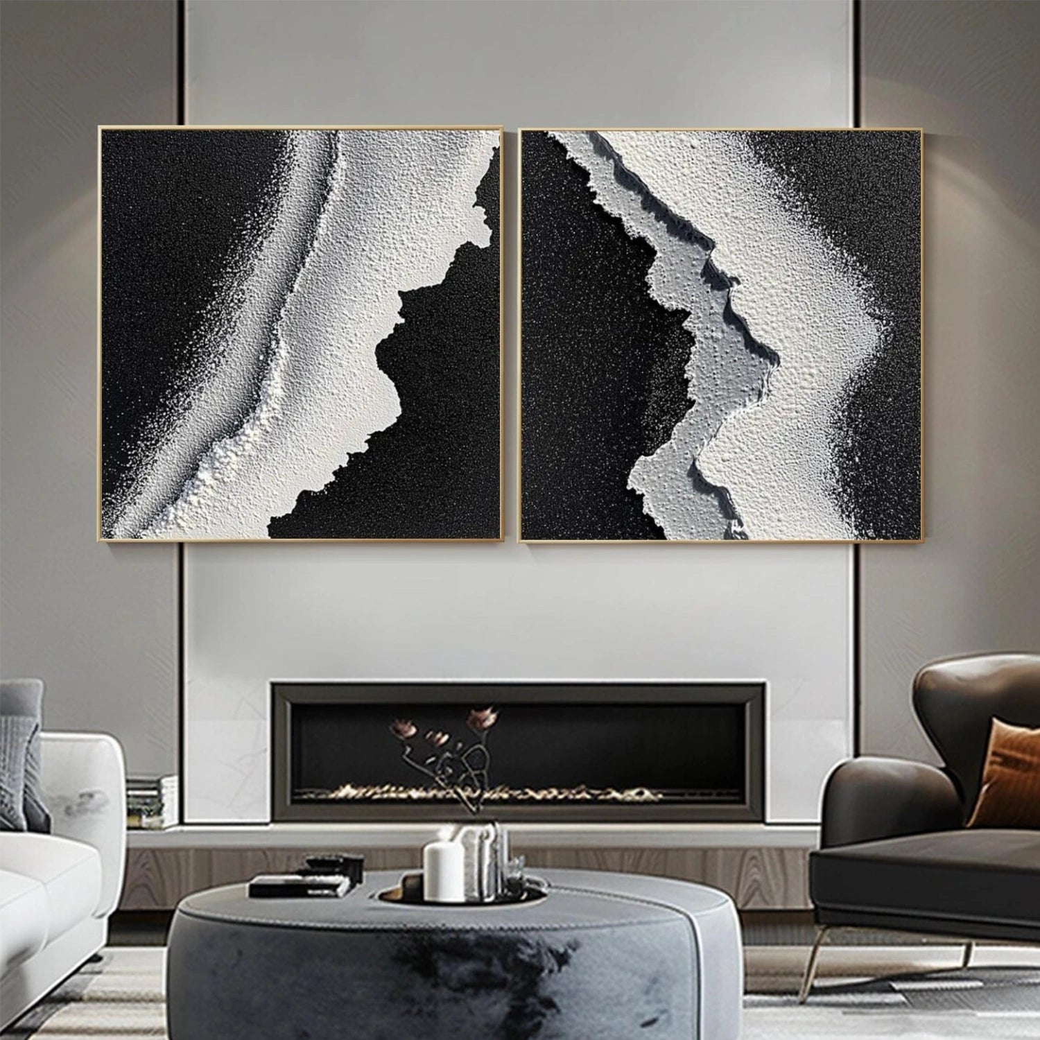 Black and White Sky And Ocean Abstract Textured Wall Art Set of 2 #SO332