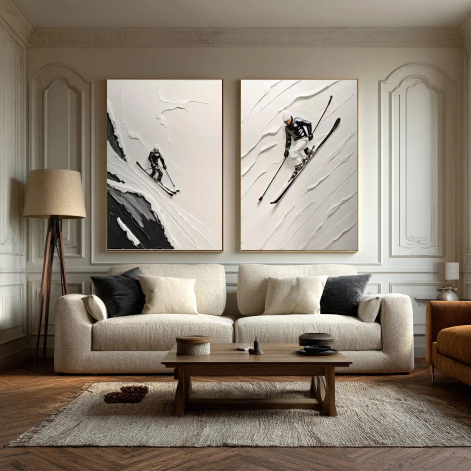 Black and White Skiing Sport Textured Wall Art Set of 2 #BA017