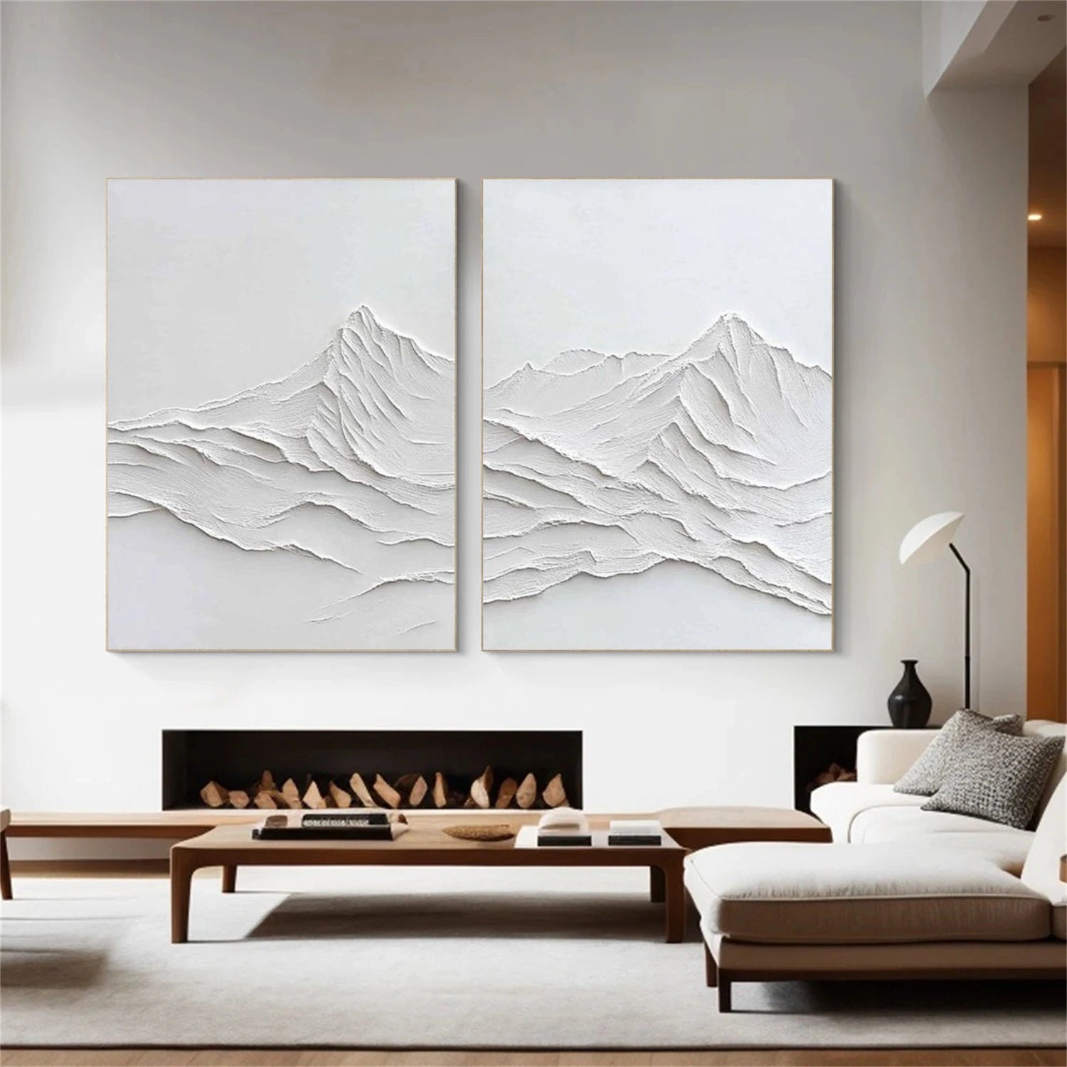 White Minimalist Mountain Textured  Canvas Art Set of 2 #WT238