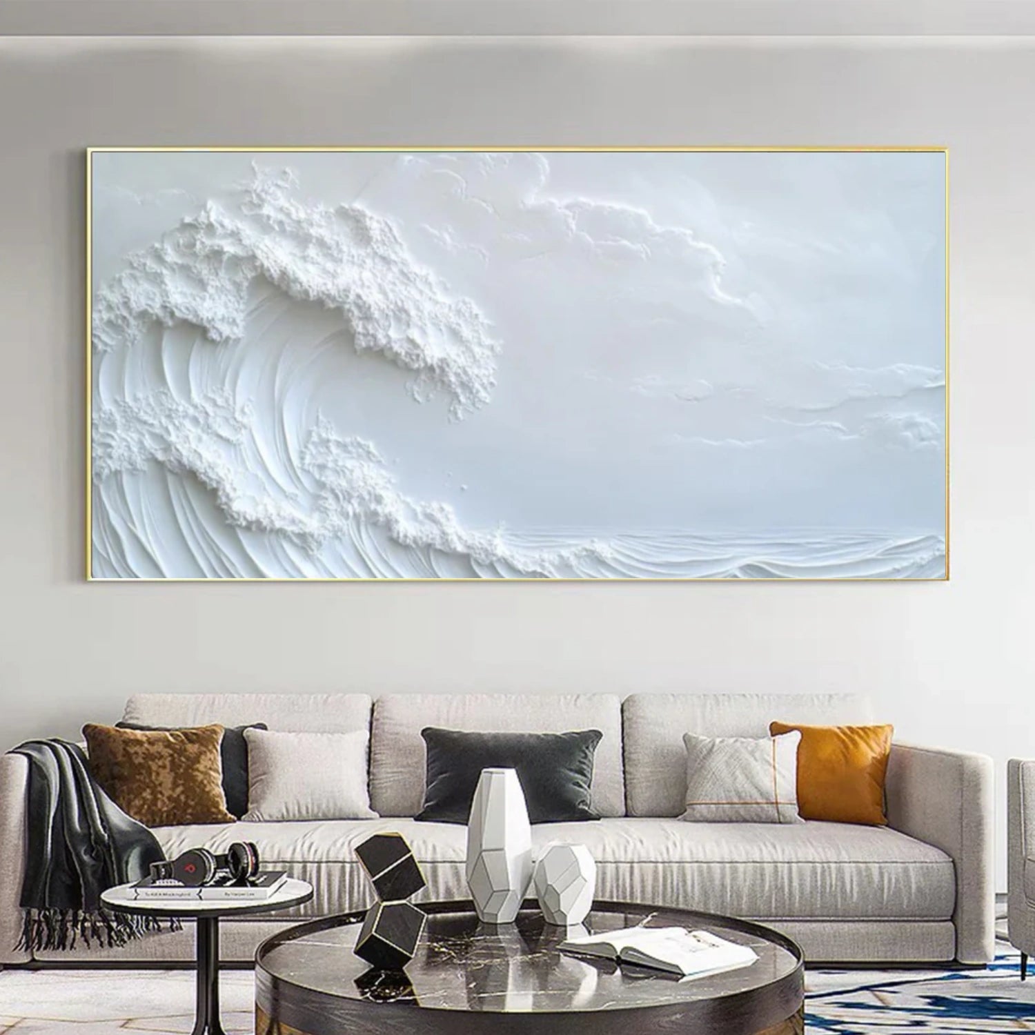 White Sky And Ocean Abstract Textured Wall Art #SO338