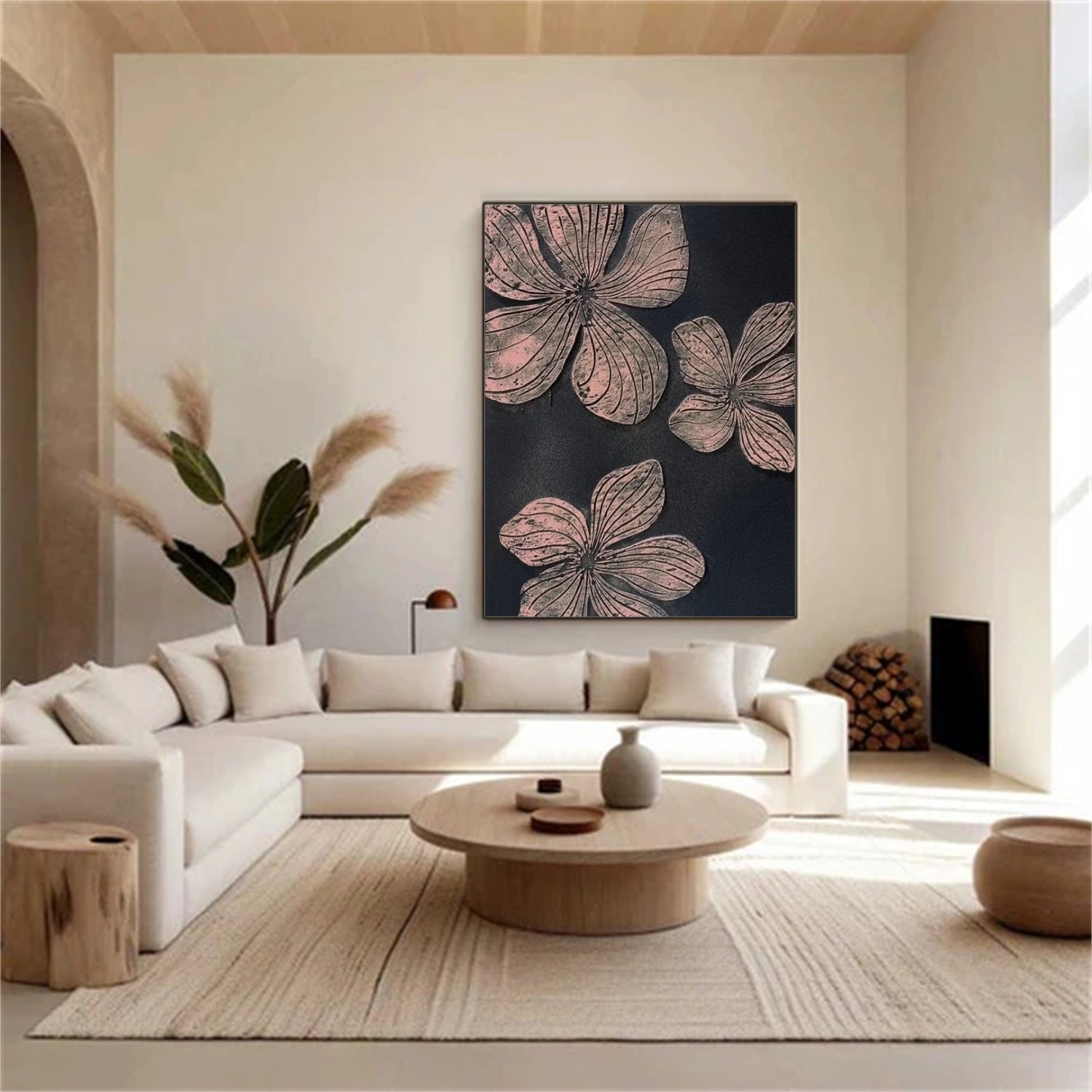 Black and Pink Tree And Flower Abstract Textured  Wall Art #TF130
