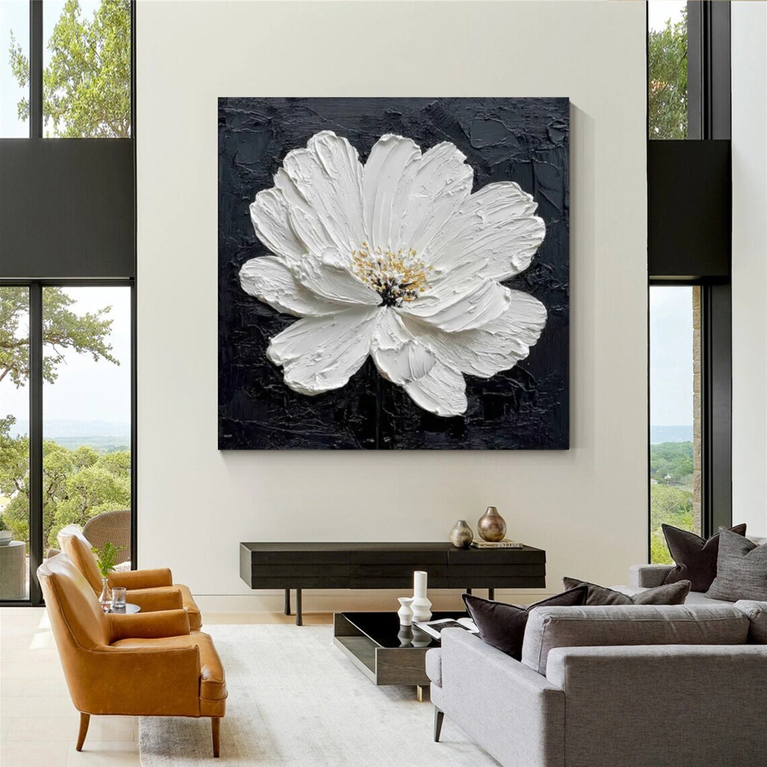 Black and White Tree And Flower Abstract Textured Wall Art #TF143