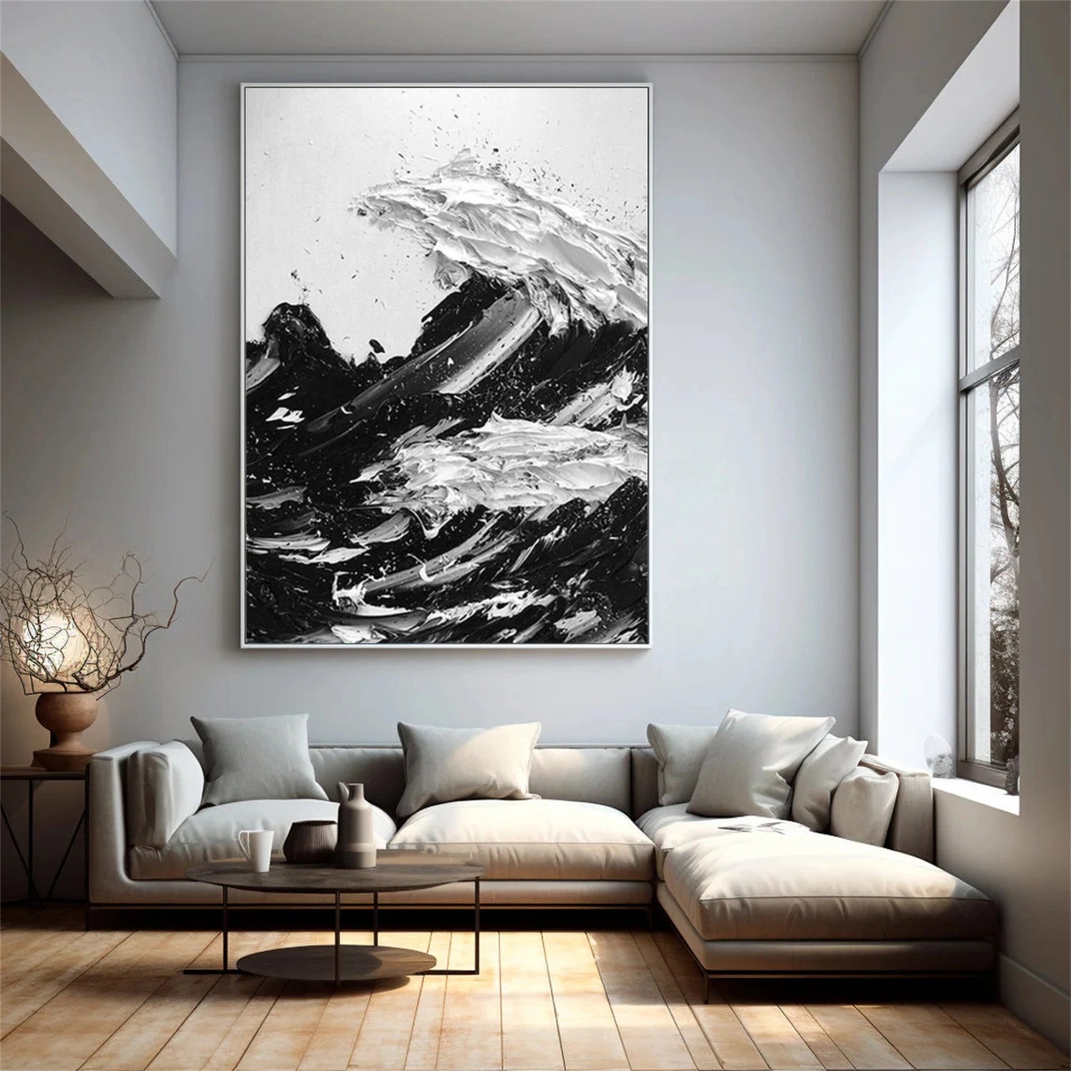 Black and White Sky And Ocean Abstract Textured Wall Art #SO301