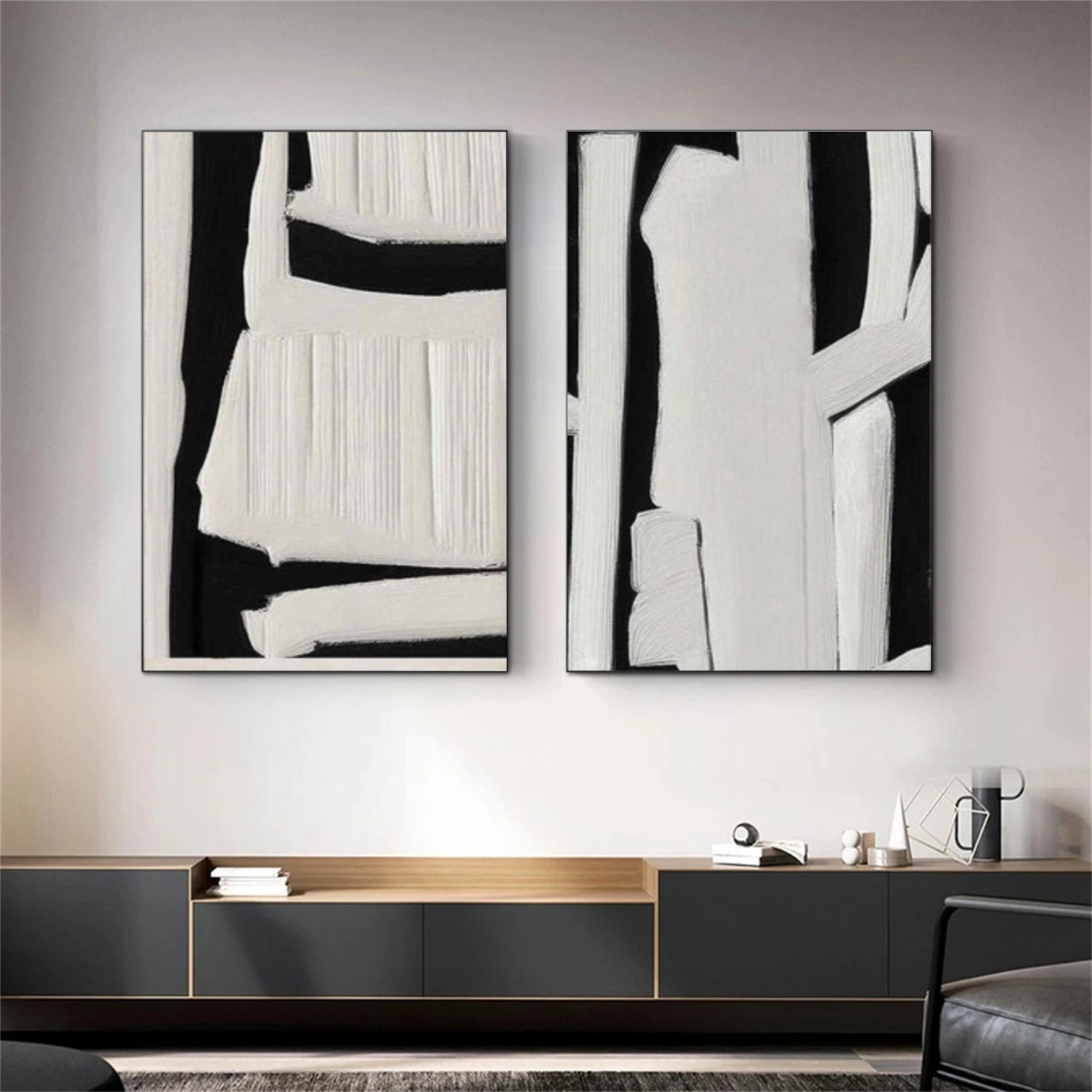 Black and White Minimalist Textured Canvas Art  Set of 2 #BT093