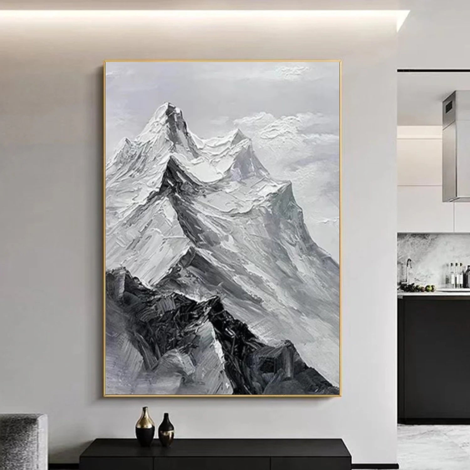 Black and White Minimalist Mountain Textured Canvas Art #WT203