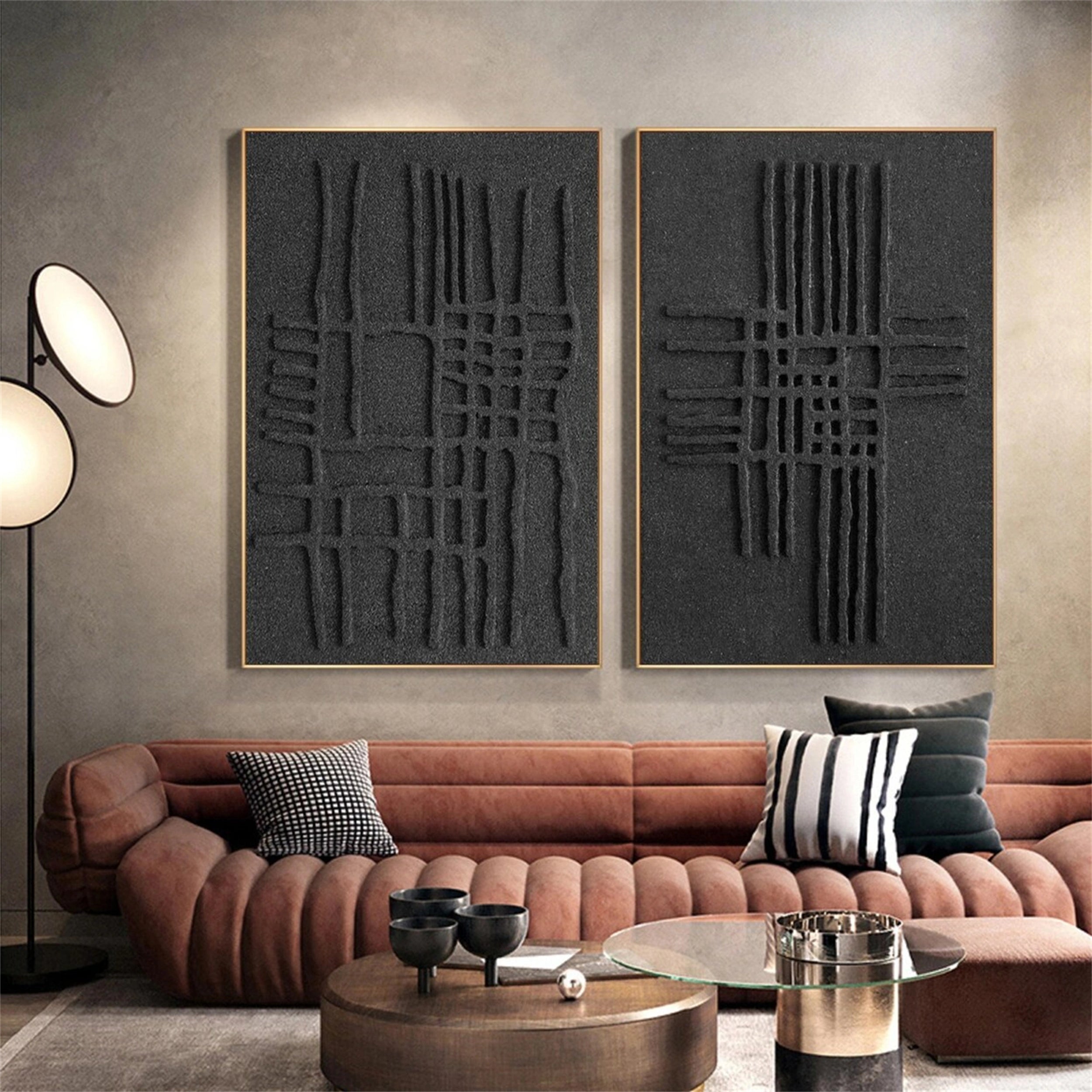 Black Textured Minimalist Wall Art Set of 2 #BT051