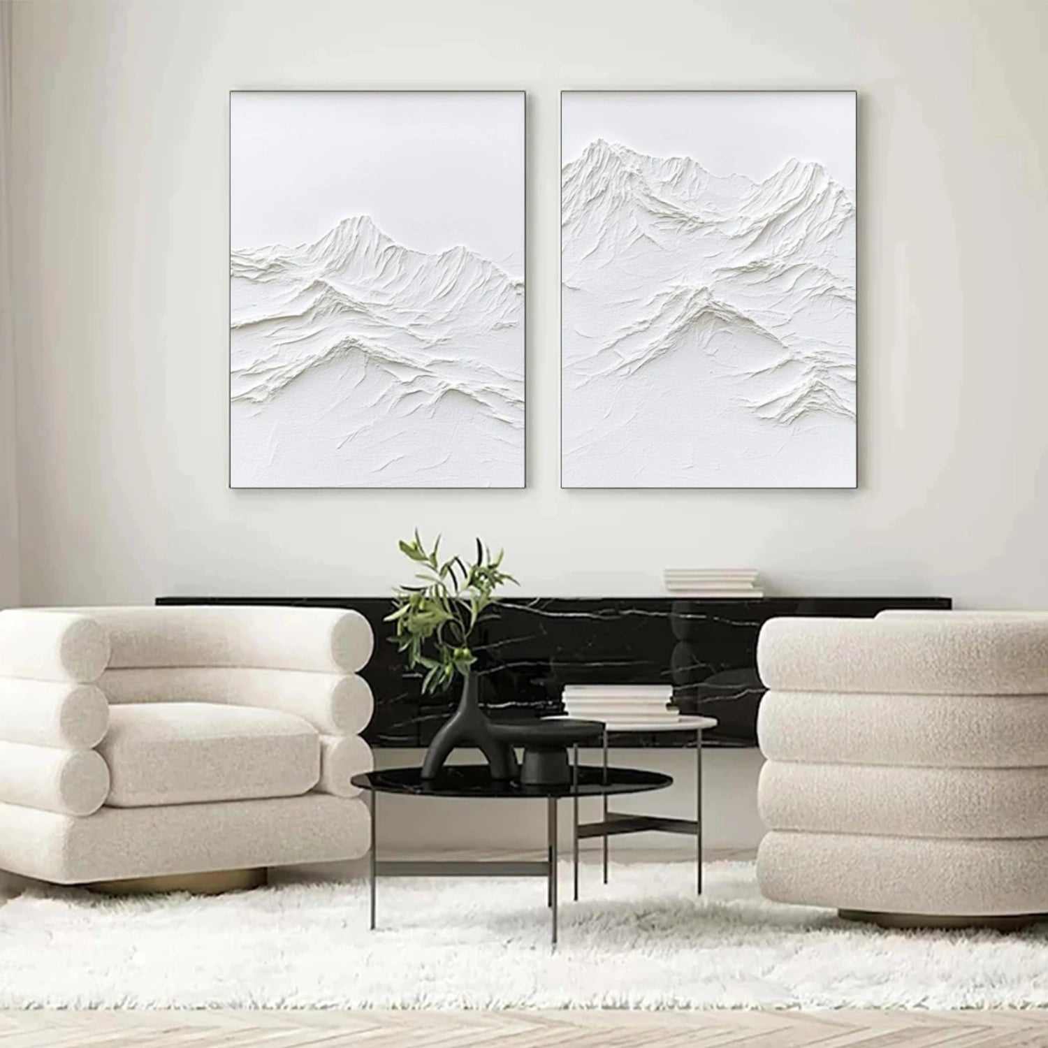 White Minimalist Mountain Textured  Canvas Art Set of 2 #WT236