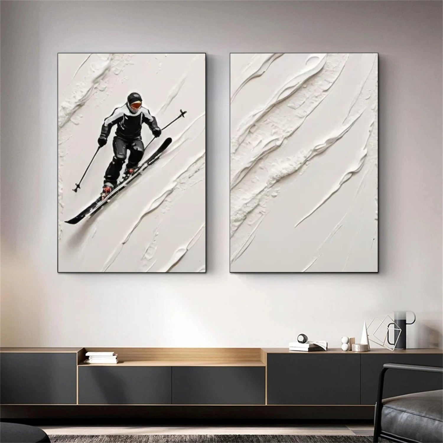 Black and White Skiing Sport Textured Wall Art Set of 2 #BA018