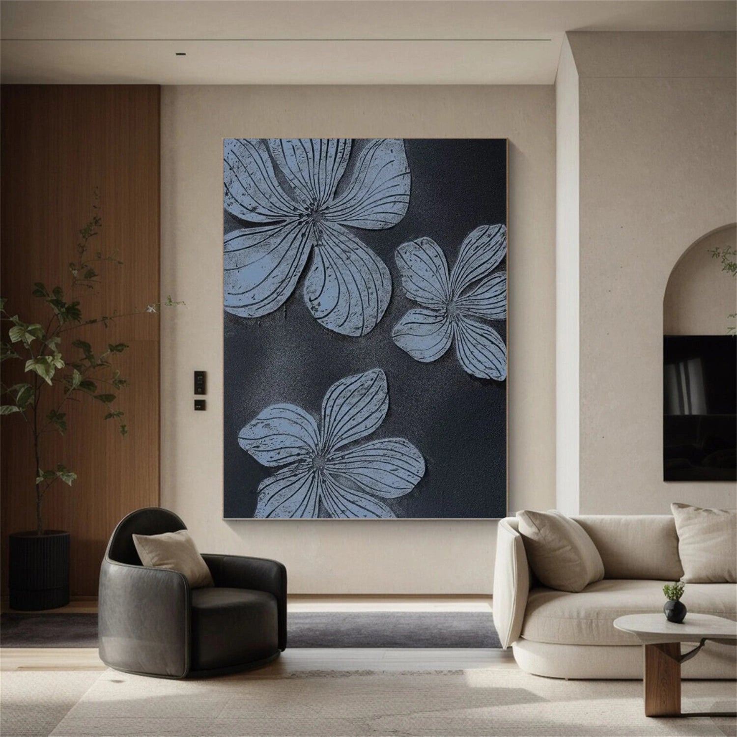 Black and Blue Tree And Flower Abstract Textured  Wall Art #TF129