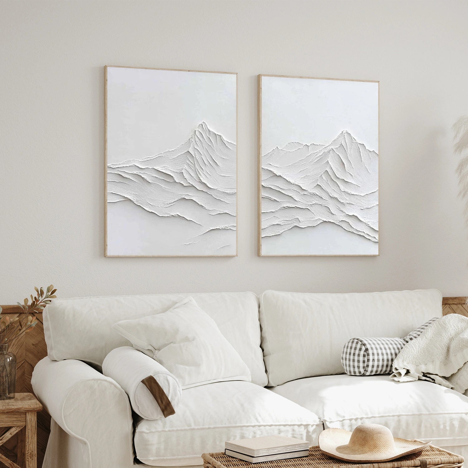 White Minimalist Mountain Textured  Canvas Art Set of 2 #WT238