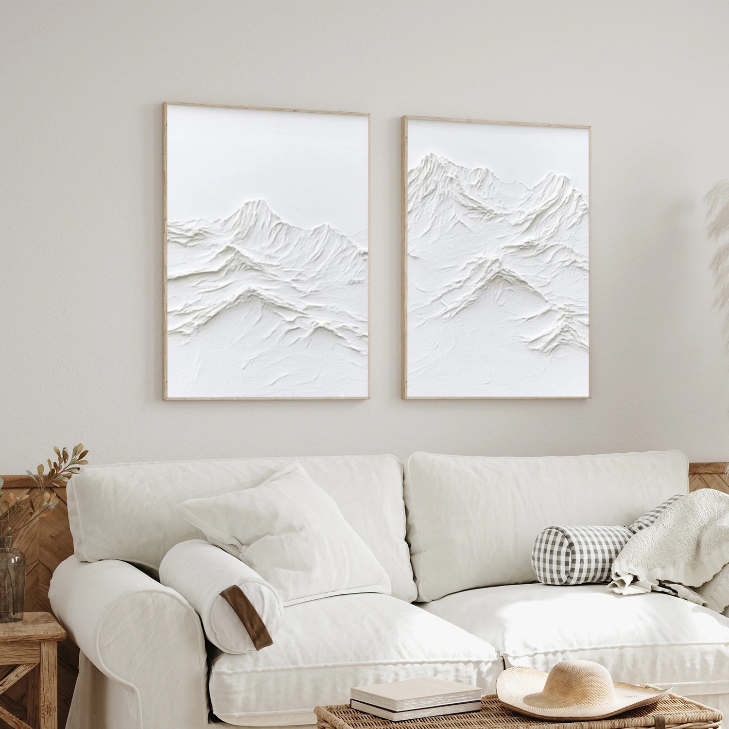 White Minimalist Mountain Textured  Canvas Art Set of 2 #WT236