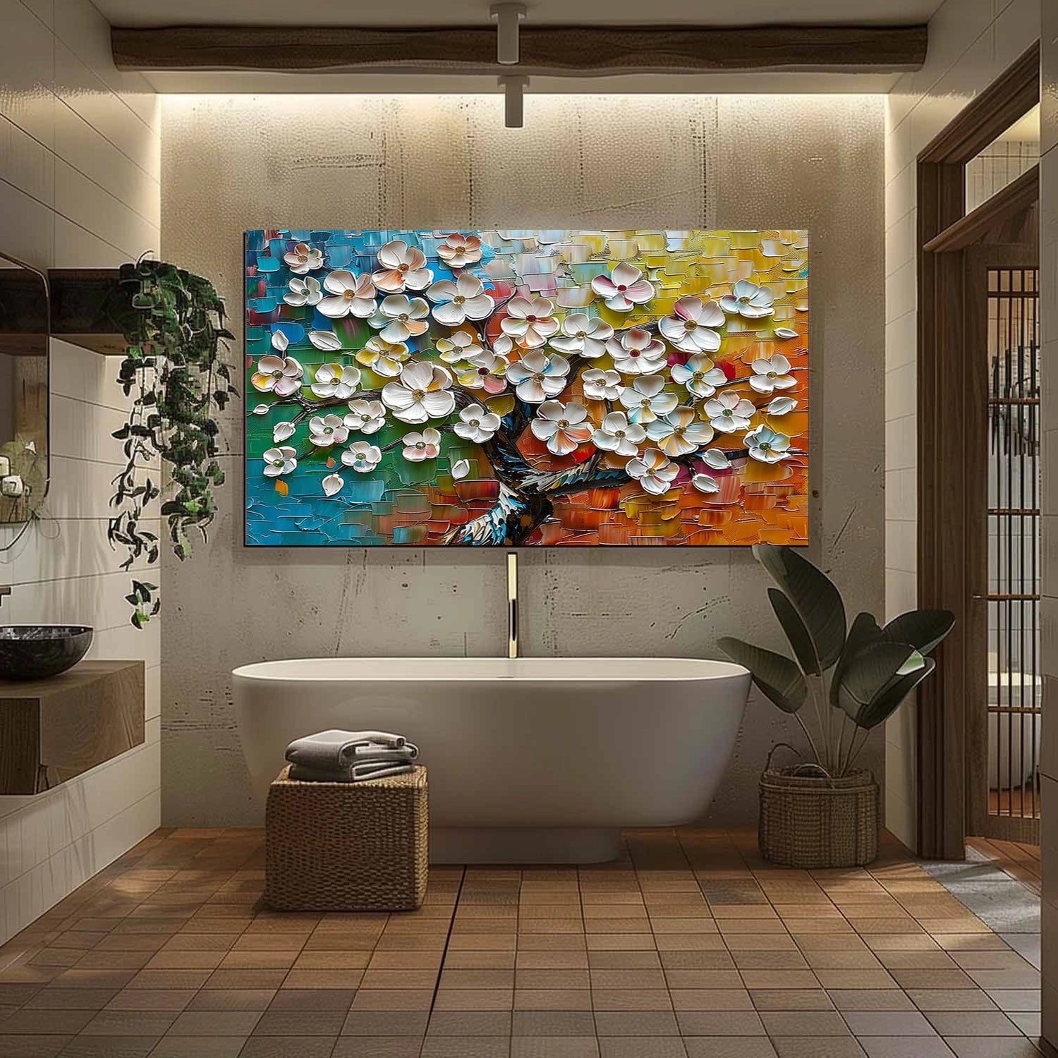 Colorful Tree And Flower Abstract Textured Wall Art #TF168