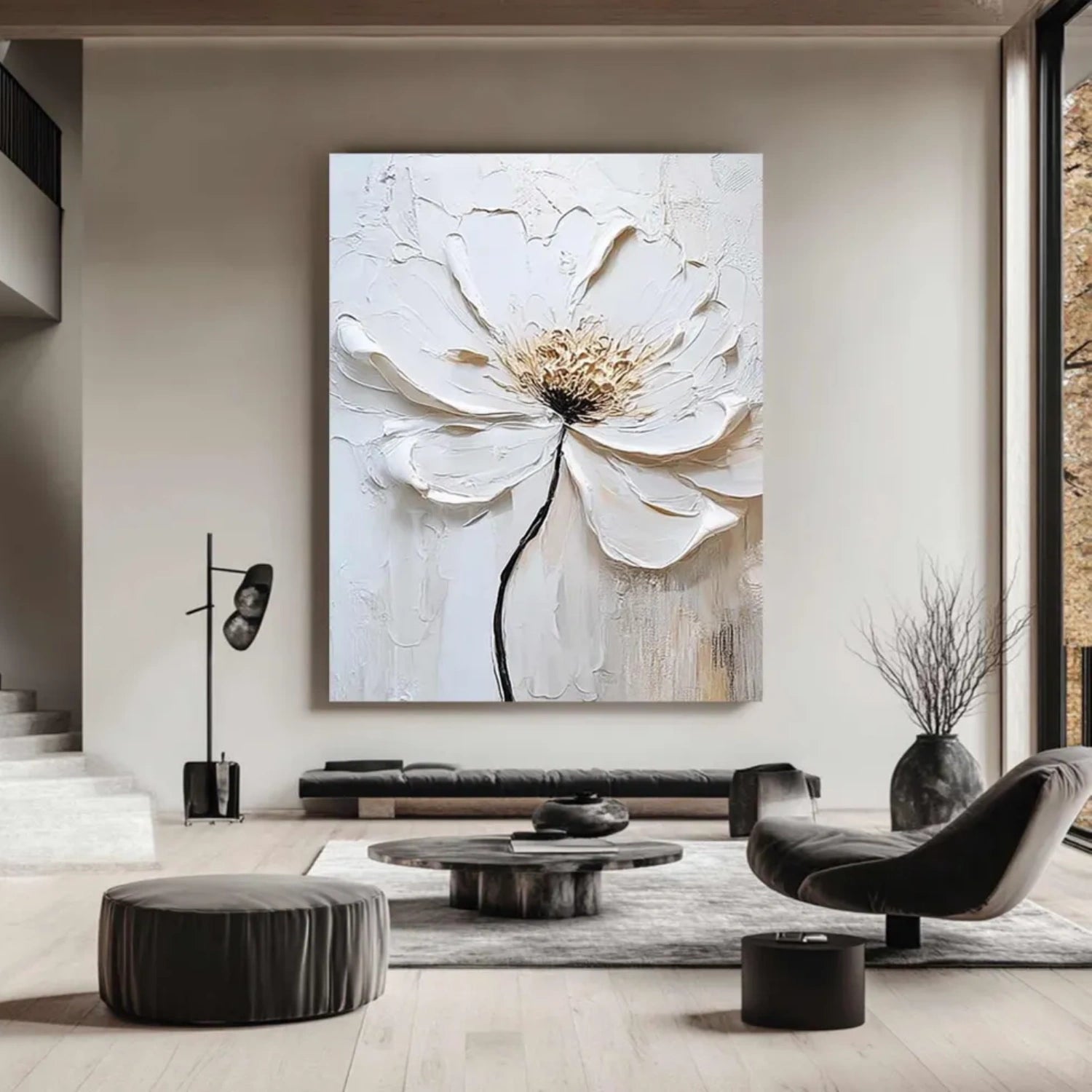 White Tree And Flower Abstract Textured  Wall Art #TF123