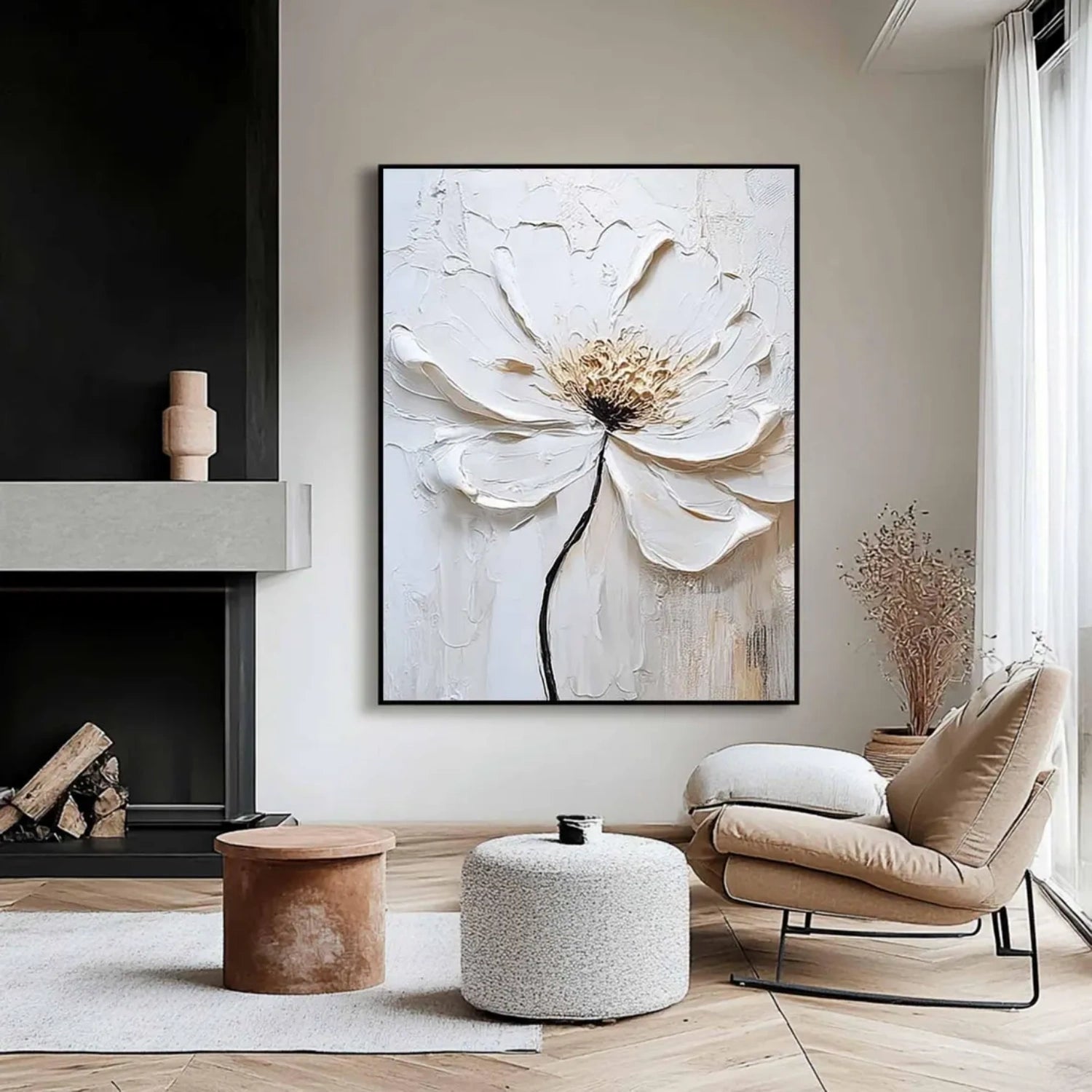 White Tree And Flower Abstract Textured  Wall Art #TF123